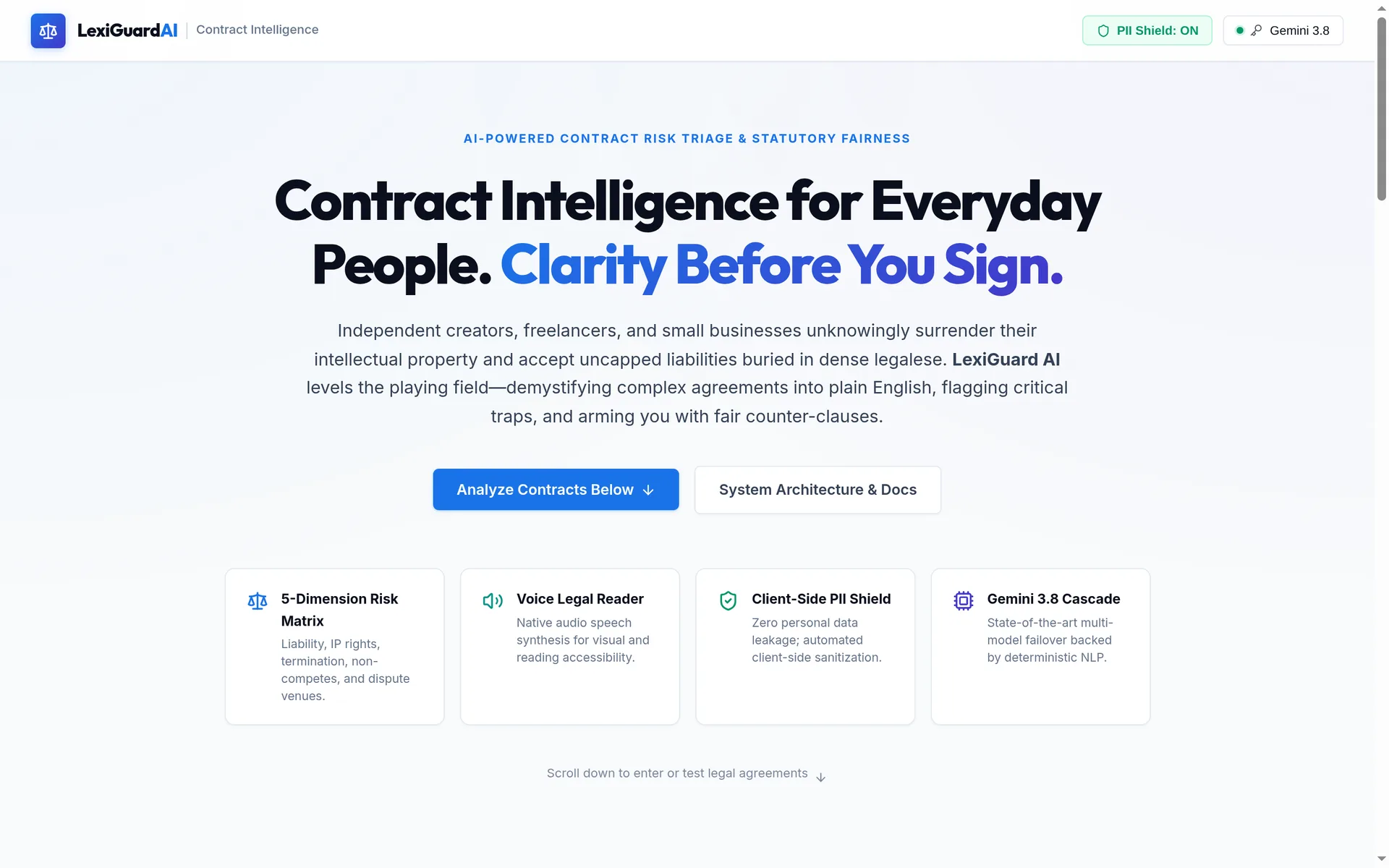 LexiGuard landing page: Contract intelligence for everyday people