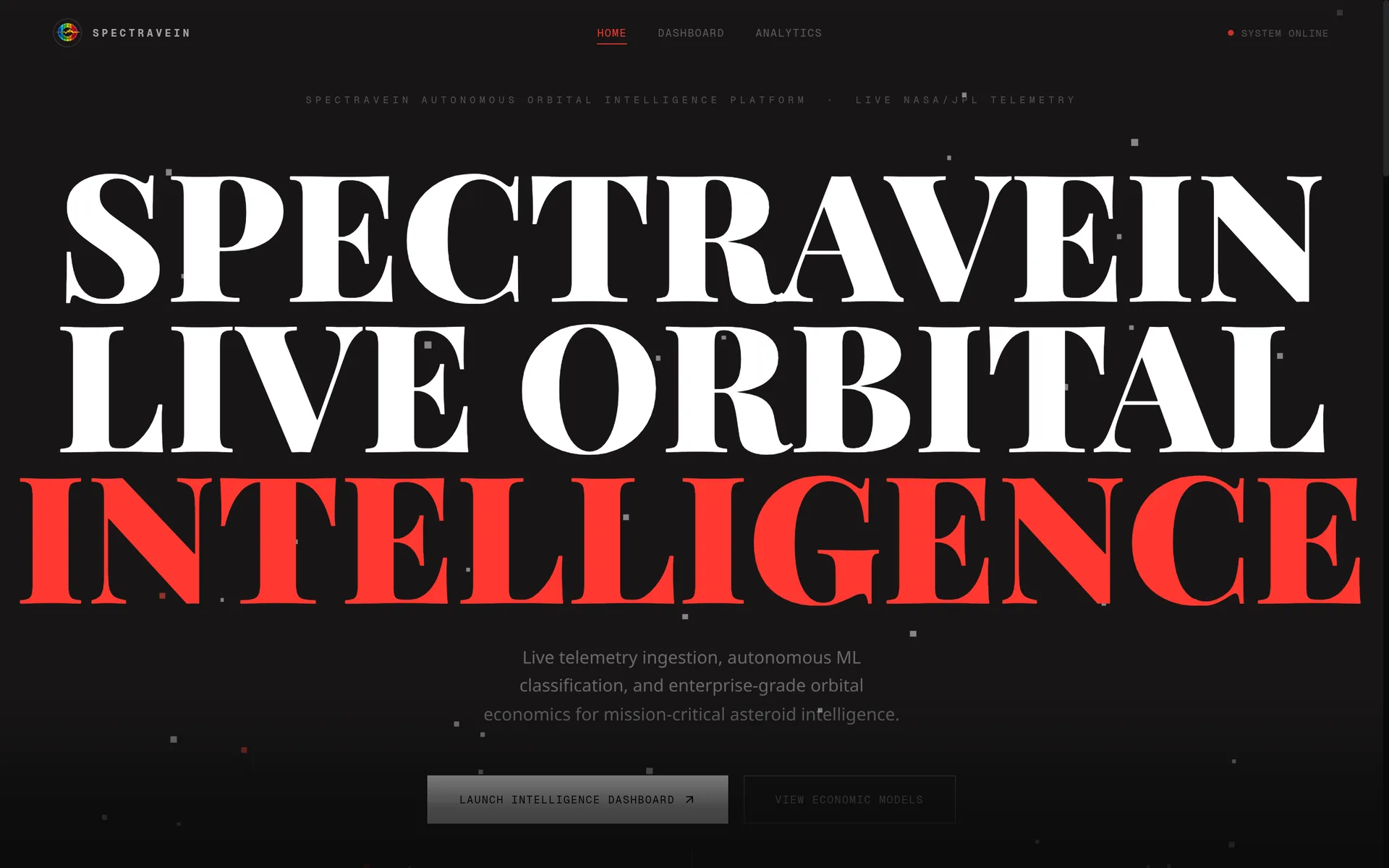 Spectravein landing page: Live orbital intelligence
