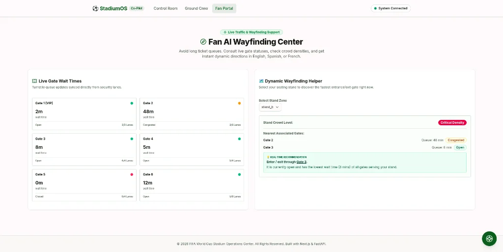 Fan portal with gate wait times and a multilingual assistant