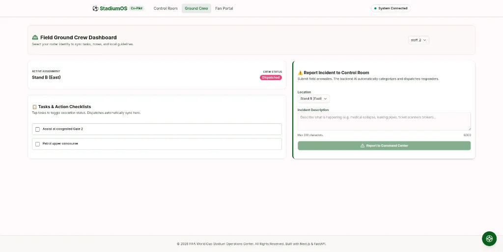 Ground crew portal with assigned tasks and an incident report form