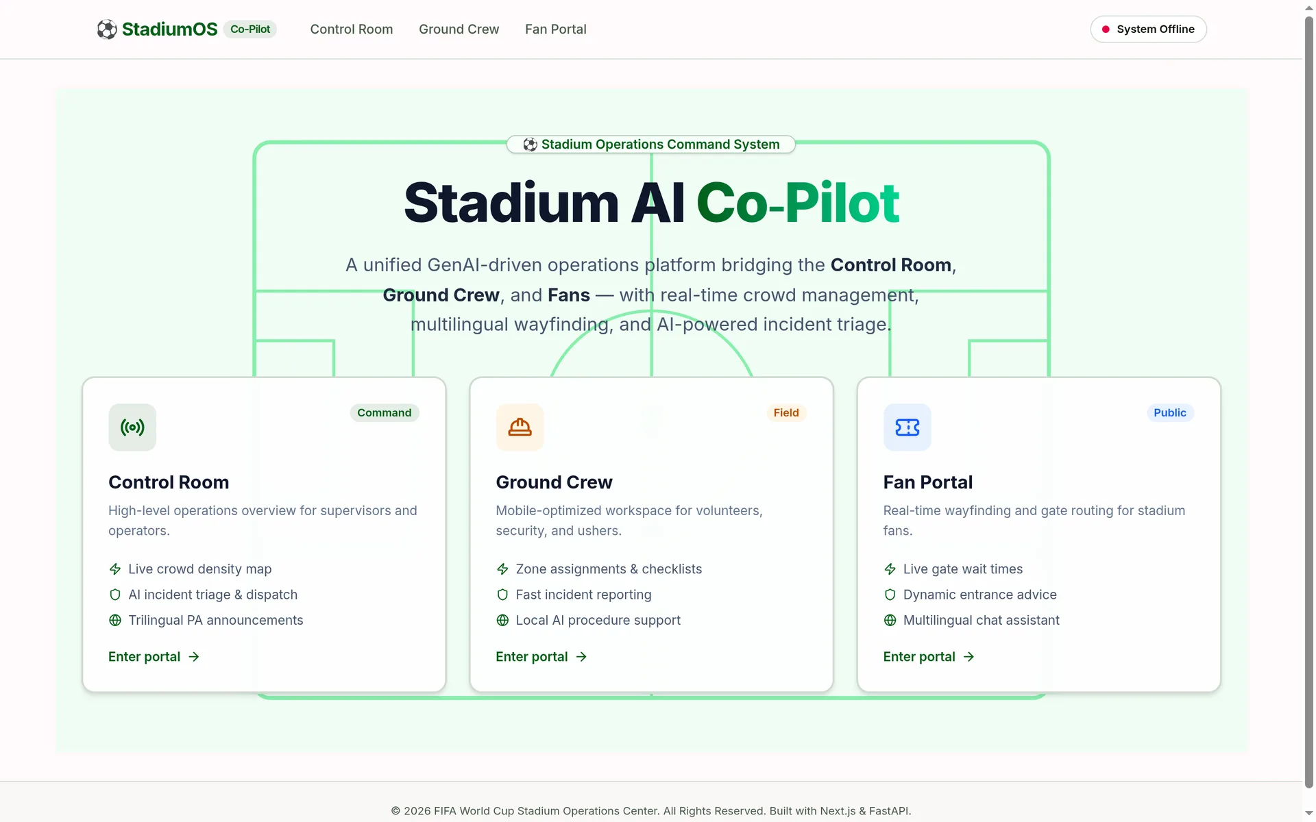 Stadium AI Co-Pilot entry screen linking the control room, ground crew and fan portals
