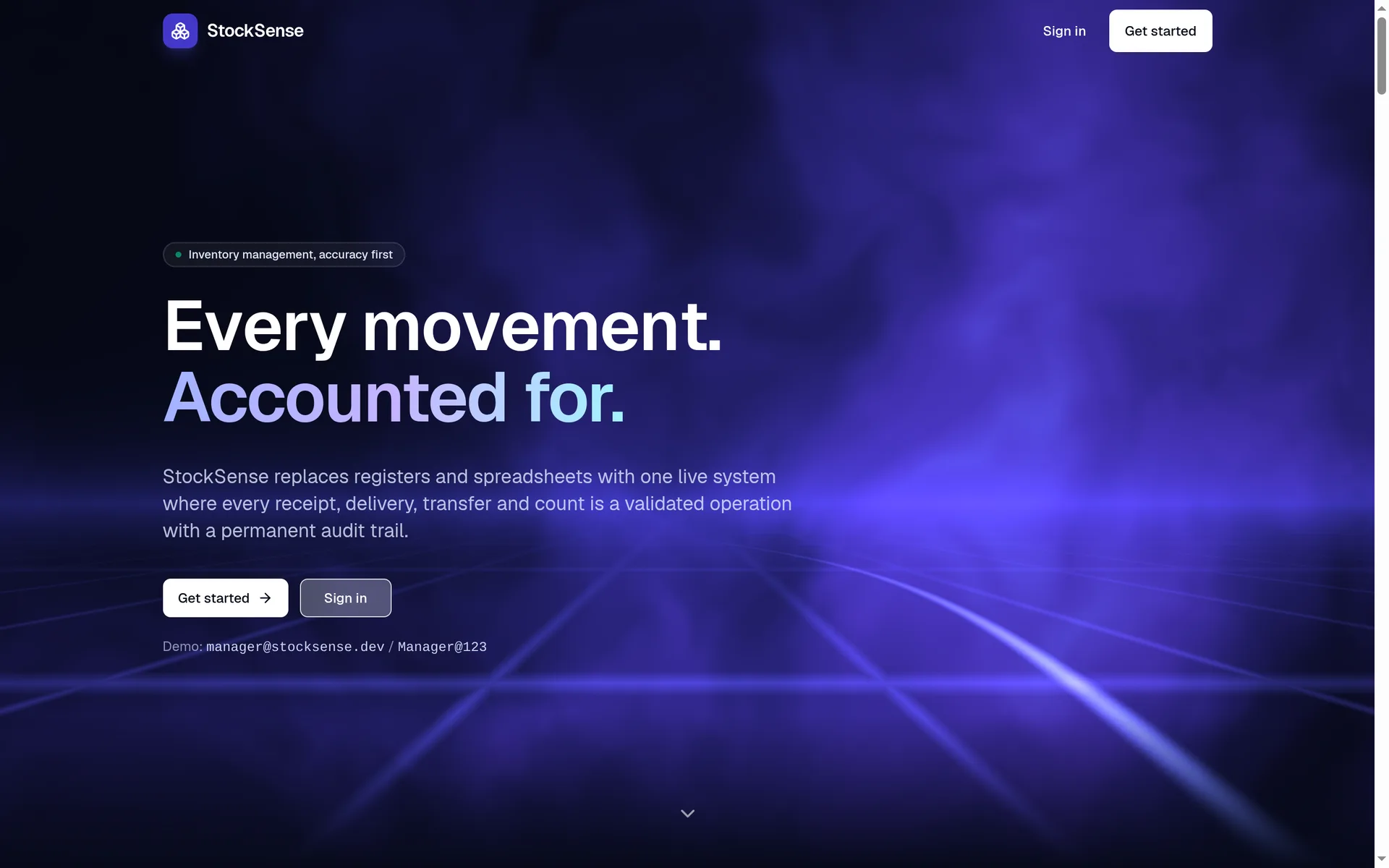 StockSense landing page: Every movement. Accounted for.